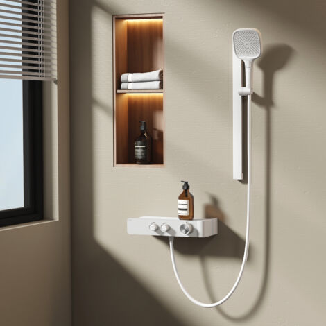 Emke – Colonne de douche thermostatique 36 cm – 3 types de jets – Débit réglable – Verre trempé – Certification KTW – Blanc