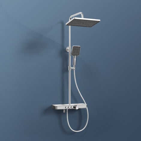 EMKE Colonne de douche Thermostat, 45 x 13 cm étagères en verre, douchette, 3 types de jets, douche à effet pluie, bec verseur, montage mural, Certification KTW, Chrome