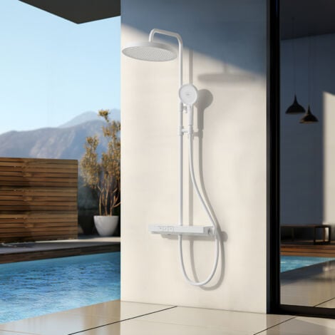 EMKE Colonne de douche Thermostat, avec 40 x 13.5 cm étagère, ensemble de douche avec douchette, 3 types de jets, Blanc