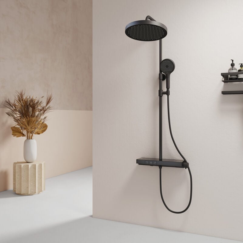 Colonne de douche Thermostat, avec 40 x 15 cm étagère, ensemble de douche avec douchette, 3 types de jets, Noir - Emke