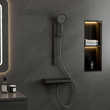 Emke – Colonne de douche thermostatique avec thermostat KTW – 3 types de jets – Étagères en verre 40 cm – Finition anthracite mate