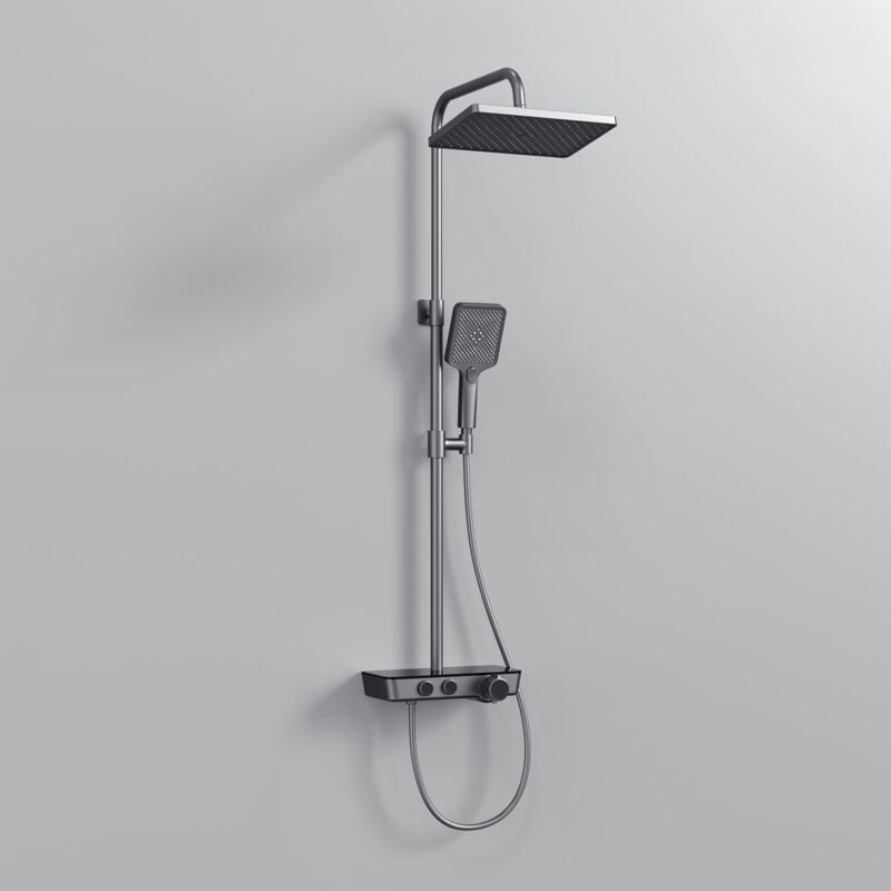 Emke - Colonne de douche thermostat, douchette à 3 puissances de jet, jet cascade, set de colonne de douche, set de douche avec étagère en verre,