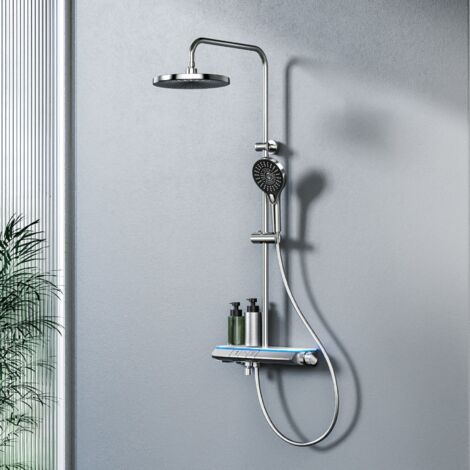 Emke – Colonne de douche thermostatique avec étagère – 3 types de jets : pluie, massage, normal – Éclairage LED – Finition chrome résistante