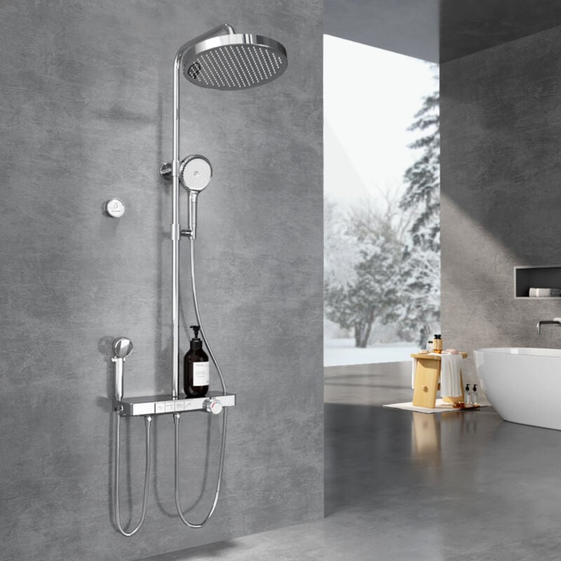Colonne de douche thermostatique, 40 cm étagère en verre, Douche de tête, 3 Modes douchette à mains, Douchette enfant, Certification ktw, Chromé