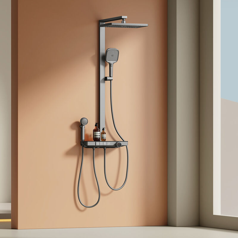 Emke - Colonne de douche thermostatique, 40 cm étagère en verre, Douche de tête, 3 Modes douchette à mains, Douchette enfant, Certification ktw,