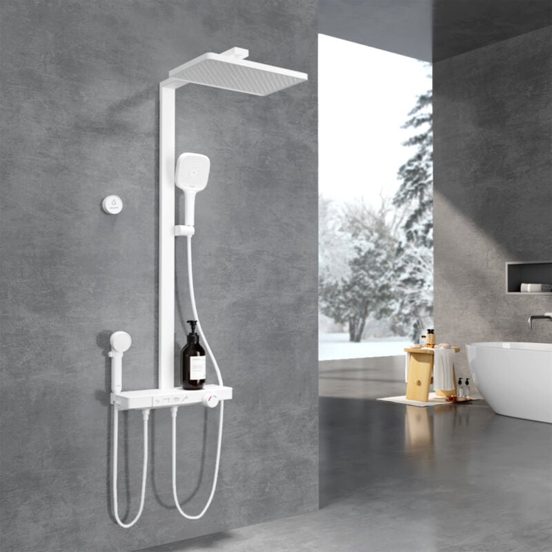 Colonne de douche thermostatique, 40 cm étagère en verre, Douche de tête, 3 Modes douchette à mains, Douchette enfant, Certification ktw, Blanc - Emke