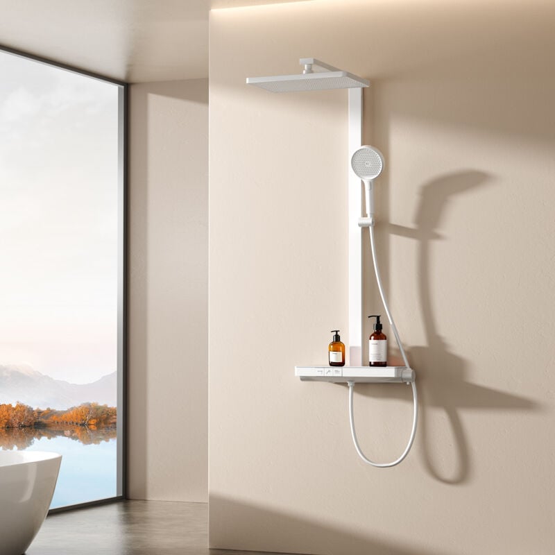 Colonne de douche thermostatique, Douche à effet pluie 36 x 24 cm avec robinetterie, Système de douche avec tablette en verre de 40 cm et douchette à
