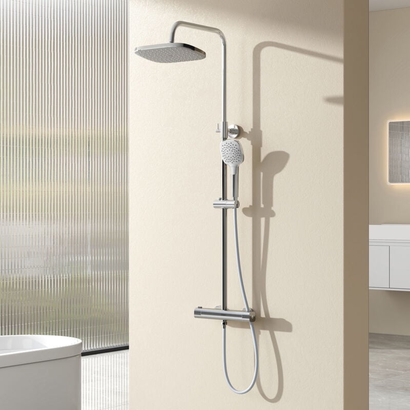 Colonne de Douche Thermostatique, Système de Douche, Pomme de Douche à 3 Types de Jets, Carré, Chromé - Emke