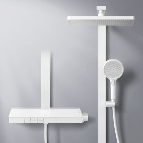 EMKE Columna de ducha termostática con panel termostático de 40 cm, barra de ducha, teleducha de 4 modos, ducha de lluvia, caño, Blanco