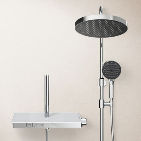 EMKE Duschsystem mit Thermostat 40cm Thermostatische Platte Duschsäuleset 2-in-1-Filter-Großbrause und Handbrause Chrom
