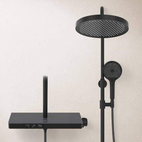 EMKE Duschsystem mit Thermostat 40cm Thermostatische Platte Duschsäuleset 2-in-1-Filter-Großbrause und Handbrause Schwarz