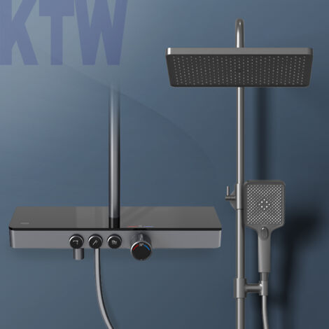 EMKE Duschsystem mit Thermostat Glasablage Handbrause mit 3 Strahlarten Regendusche, Wasserauslass Verbrühungsschutz Wandmontage KTW-Zertifizierung, Anthrazit Matt