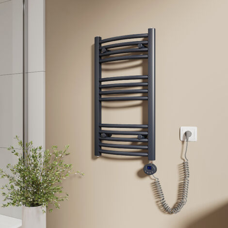 EMKE Elektrischer Badheizkörper Gebogen Badheizkörper Elektrisch mit Thermostat Handtuchtrockner mit Heizstab Anthrazit 75x40cm 246W