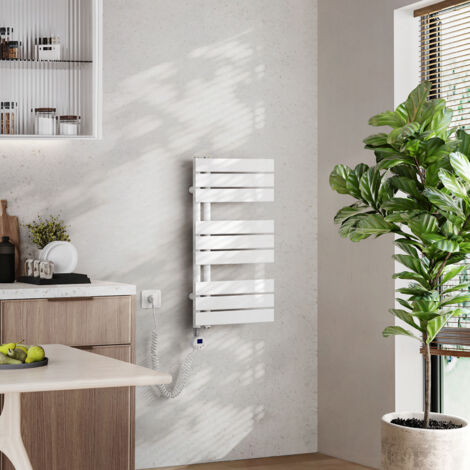 EMKE Elektrischer Badheizkörper mit WiFi 76 x 40 cm Weiß 400 W Handtuchheizkörper, Smart Home, Flachrohr 24/7 Timer & Alexa kompatibel