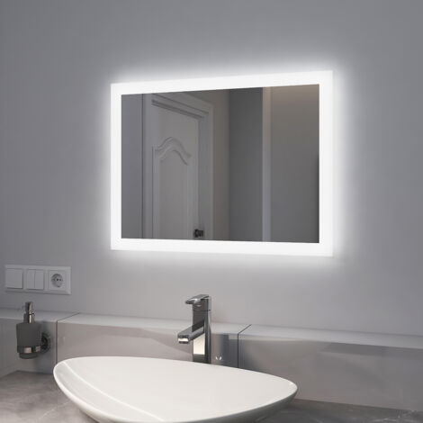EMKE Espejo de baño con luz, espejo de baño con LED iluminación, con interruptor mecánico y antivaho, 60 x 45 cm luz blanca y luz cálida