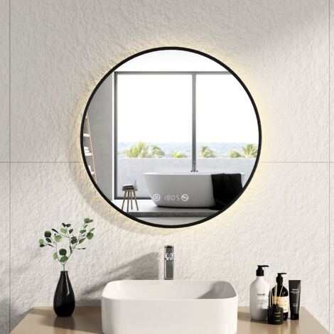 EMKE Espejo de baño LED con interruptor táctil, antivaho, reloj, temperatura, regulable, función de memoria, luz neutra, diámetro 70 cm, marco negro