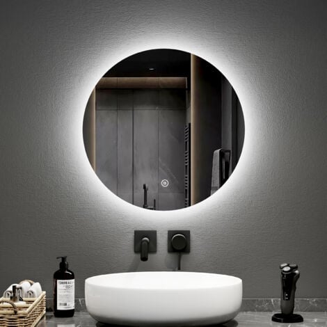 EMKE Espejo de baño LED redondo con interruptores táctiles retroiluminados sin marco - diámetro 50 cm  Luz blanca fría