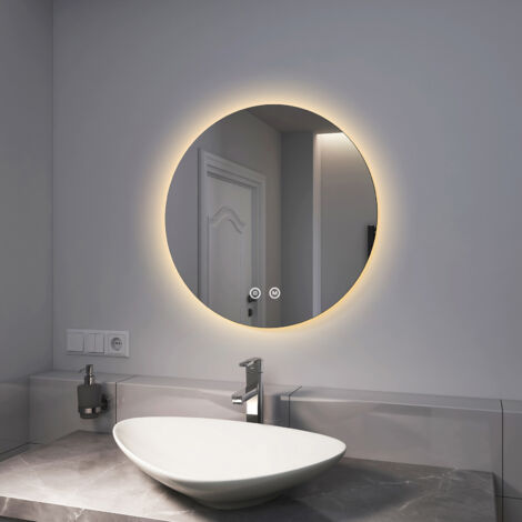 EMKE Espejo de Baño Redondo con Luz, Espejo de baño LED retroiluminado con Interruptor tactil + Función de Memoria, 60 cm Diámetro Luz blanca fría Luz cálida Luz neutra