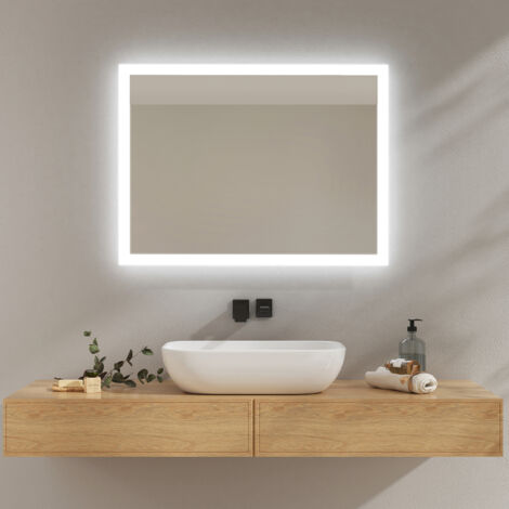 EMKE Espejos de baño con Interruptor de botón, Antivaho, Dos colores de luz  80x60 cm Luz Blanca fría/Cálida
