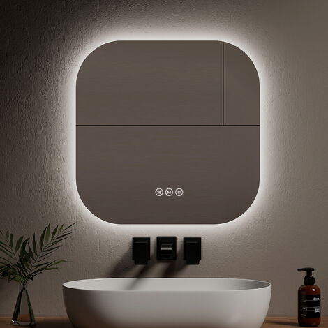 EMKE Espejos de baño con luz, Espejo cuadrado, Interruptor táctil Antivaho, 3 Colores Regulables - 60 x 60 cm