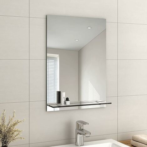 EMKE Frameless Mirror with Shelf - Small Bathroom Wall Shaving Mirror with Storage, Rectangle Vanity Mirrors 50x70cm