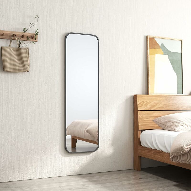 Freestanding Rectangle Mirror Floor Standing 120 x 37cm Wall & Door Mirror for Bathroom/Bedroom/Wardrobe Black Metal Frame - Emke