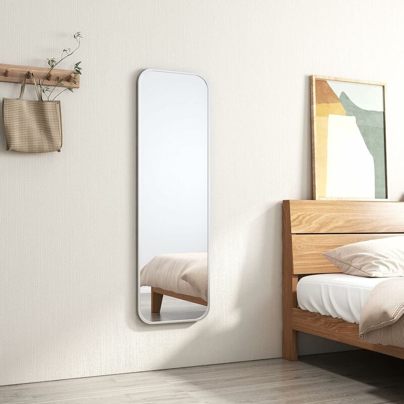 Freestanding Rectangle Mirror Floor Standing 120 x 37cm Wall & Door Mirror for Bathroom/Bedroom/Wardrobe Silver Metal Frame - Emke