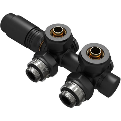 EMKE Heizkörper Multiblock Anschlussgarnitur Hahnblock Ventil Thermotstat Eck- und Durchgangsform φ16xG1/2" Schwarz