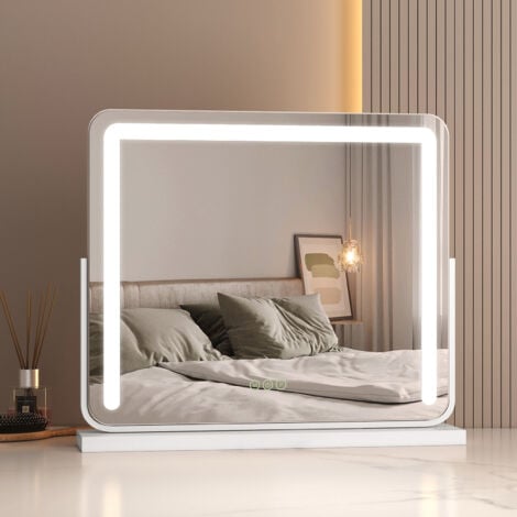 EMKE Hollywood LED Makeup Mirror 360° Rotation Tabletop Vanity Mirror with Touch 3 Color Lighting Modes, Dimmable Cosmetic Mirror, White 60x52cm