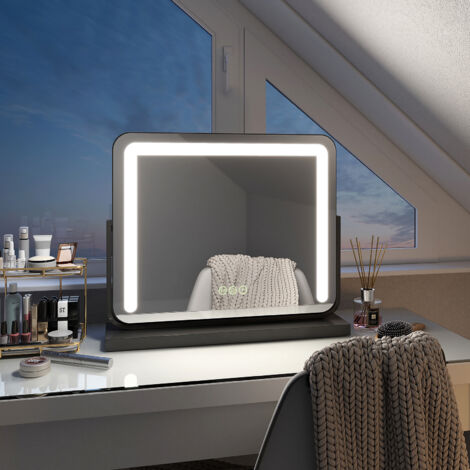 EMKE Hollywood Makeup Mirror Dressing Table LED Mirror,Touch Control, 3 Color Lighting Tabletop Cosmetic Mirror, 50 x 42cm, Balck