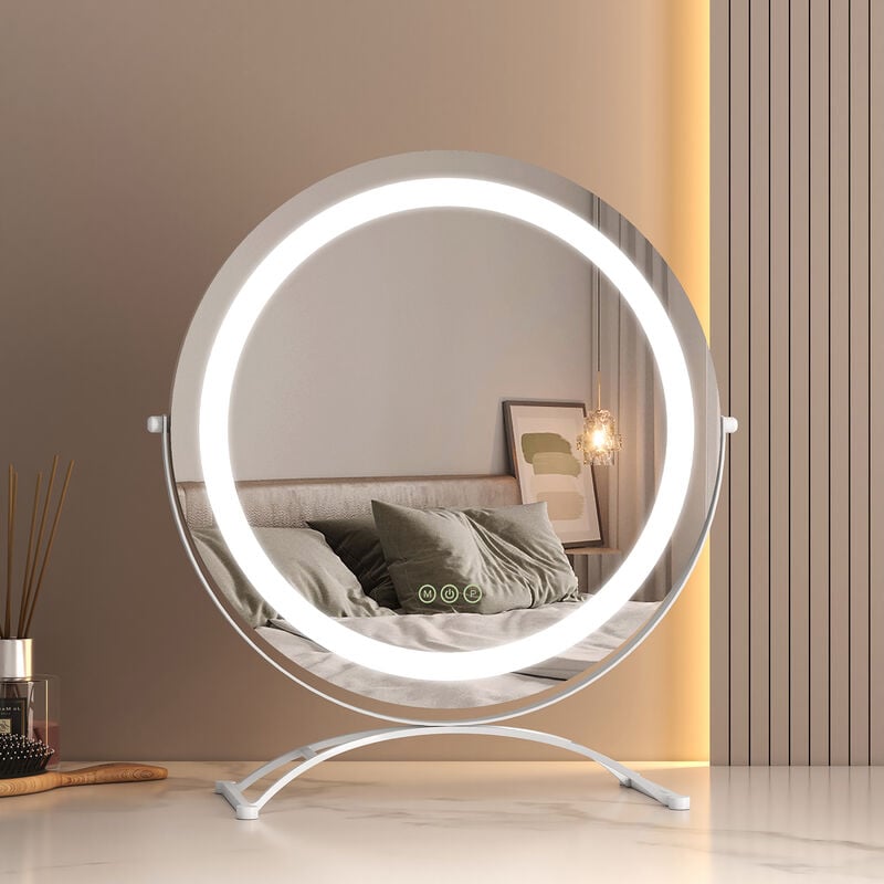 Hollywood Mirror 360° Rotation Dressing Table Mirror with Lights 3 Color Lighting Dimmable led Cosmetic Vanity Mirror White ф40cm - Emke