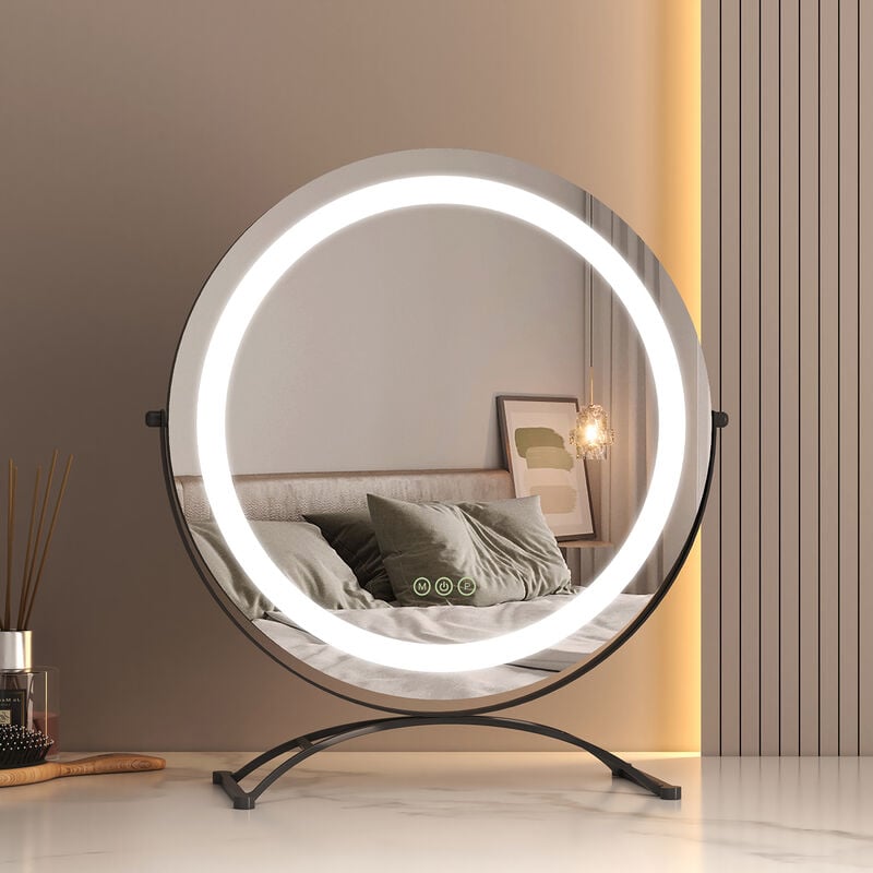 Hollywood Vanity Mirror 360° Rotation Dressing Table led Mirror with Touch, 3 Color Lighting Dimmable Tabletop Cosmetic Mirror, Black ф40cm - Emke