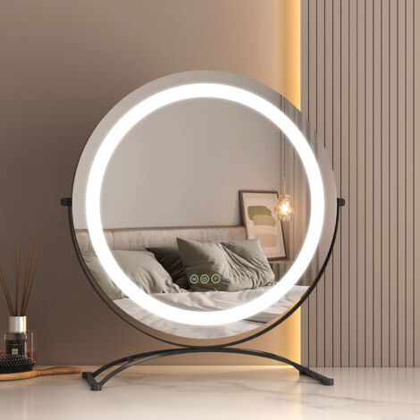 EMKE Hollywood Vanity Mirror 360° Rotation Dressing Table LED Mirror with Touch, 3 Color Lighting Dimmable Tabletop Cosmetic Mirror, Black ф50cm
