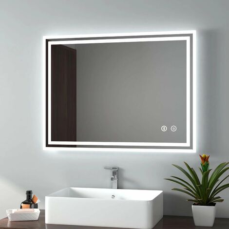 EMKE Illuminated Led Bathroom Mirror with Demister, Touch Switch, Bluetooth Speaker, Shaver Socket, Horizontal & Vertical,  Fuse, 600x800mm