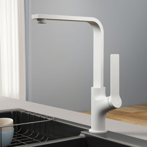 EMKE Küchenarmatur Weiß Matt im Ultradünnen Design 30x22x10 cm Küchenarmatur 360° Drehbar Wasserhahn Küche