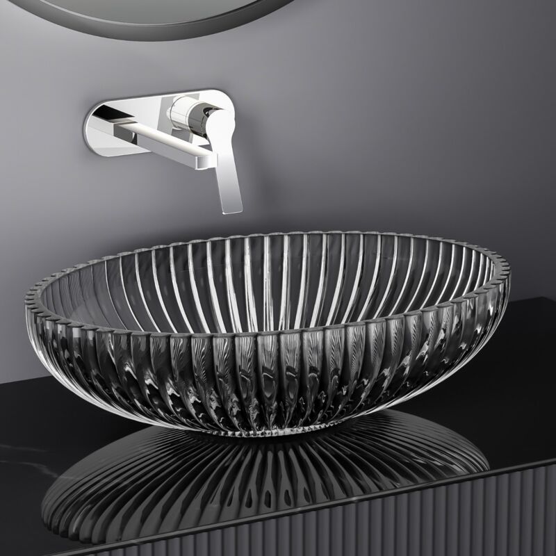 Lavabo en Verre ovale, Vasque à poser 510 x 350 x 150mm, Lavabo ovale Montage Comptoir, Verre Noir - Emke