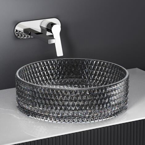 Emke – Vasque à poser en verre noir ronde 360 x 360 x 112mm – Drainage efficace – Surface lisse anti-calcaire – Installation facile
