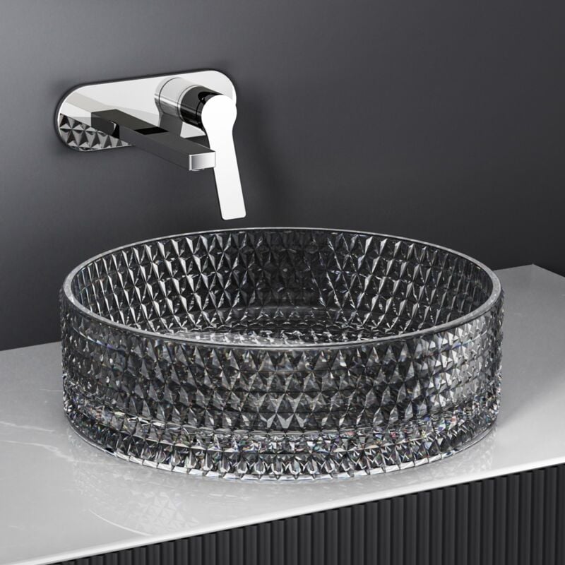 EMKE Lavabo en Verre Ronde, Vasque à poser 360 x 360 x 112mm, Lavabo Ronde Montage Comptoir, Verre Noir