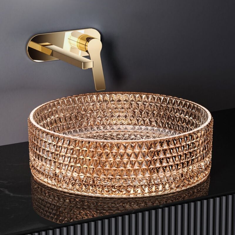 Emke - Lavabo en Verre Ronde, Vasque à poser 360 x 360 x 112mm, Lavabo Ronde Montage Comptoir, Verre or rose