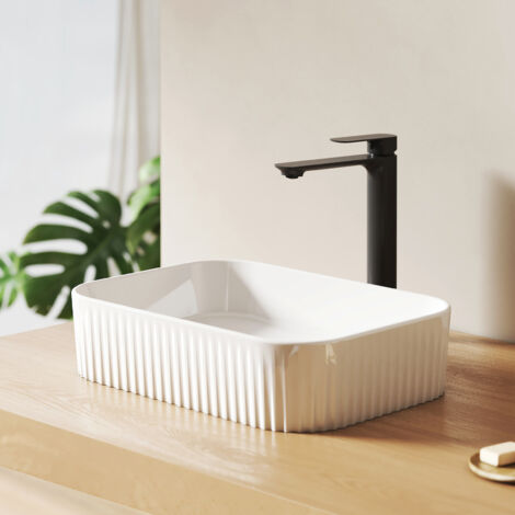 EMKE Lavabo Rectangulaire en Céramique 450x320x110 mm, Vasque à Poser Blanche Brillante