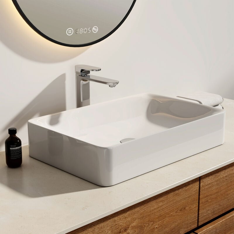 Lavabo rectangulaire en céramique, Vasque à Poser en céramique, blanc brillant - 59,5 x 39,5 x 12 cm - Emke