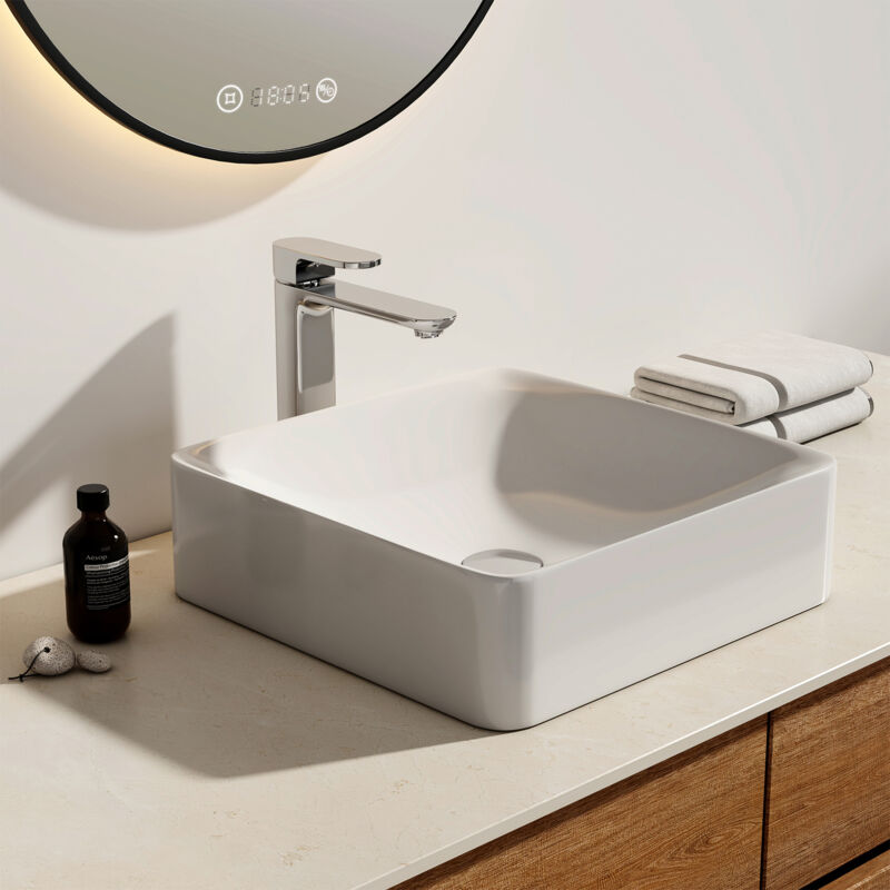 Lavabo rectangulaire en céramique, Vasque à Poser en céramique, blanc brillant - 40,5 x 40,5 x 12 cm - Emke