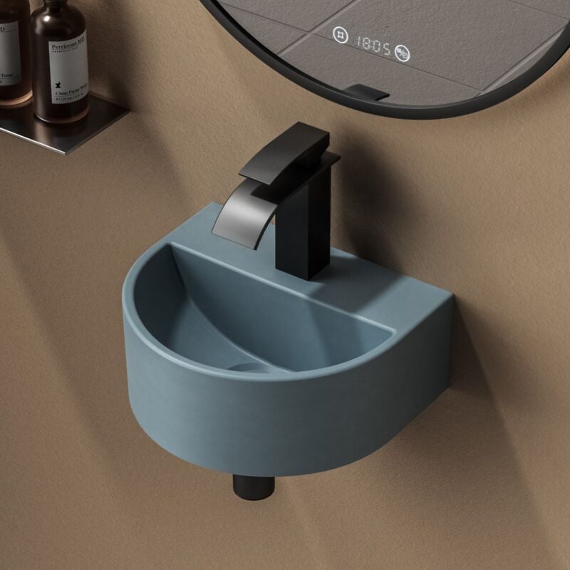 Lavabo salle de bain, 303 x 255 x 120mm, mini-vasque en forme de u en céramique, Montage mural, Bleu - Emke