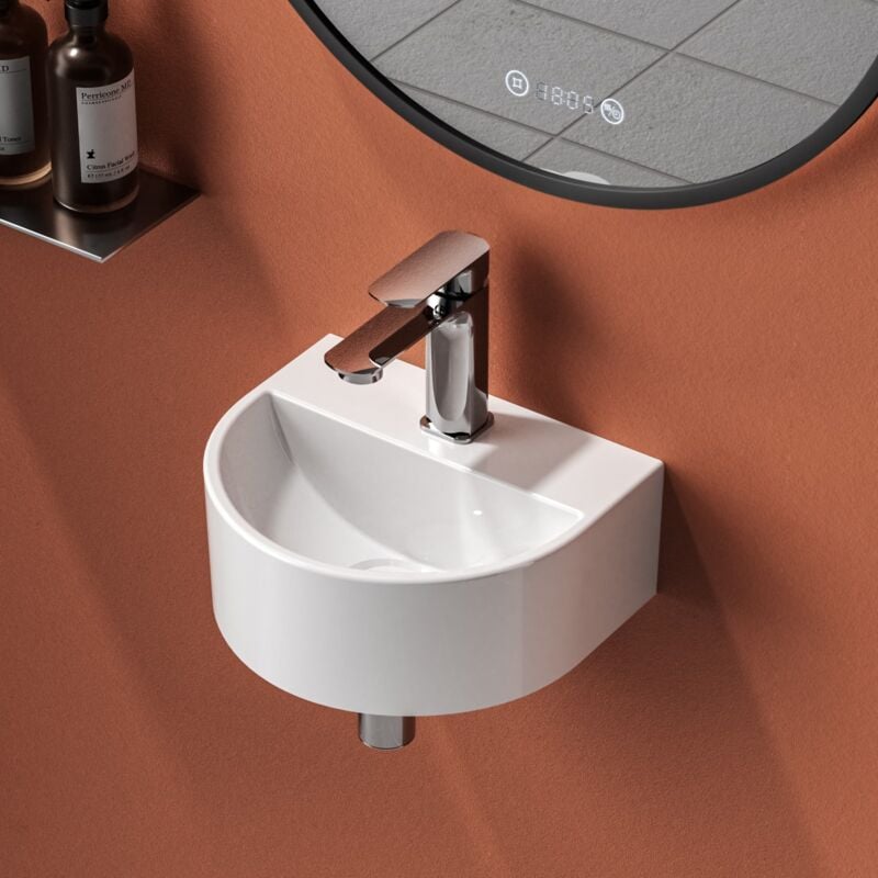 Emke - Lavabo salle de bain, 303 x 255 x 120mm, mini-vasque en forme de u en céramique, Montage mural, Blanc brillant