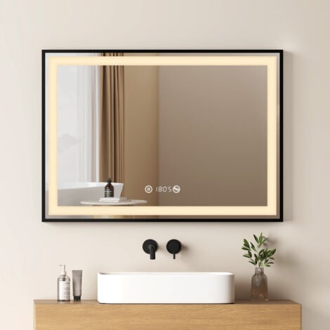 EMKE LED Badezimmerspiegel mit Ablage 70x50cm Schwarzer Rand Badspiegel Uhr Temperatur Dimmbar Memory-Funktion Neutrale Beleuchtung
