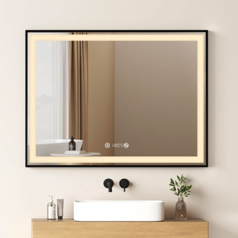 EMKE LED Badezimmerspiegel mit Ablage 80x60cm Schwarzer Rand Badspiegel Uhr Temperatur Dimmbar Memory-Funktion Neutrale Beleuchtung