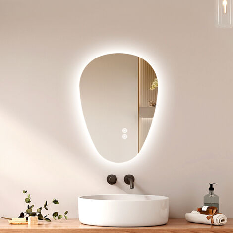 EMKE LED Badspiegel mit Anti-Beschlag 60 x 45 cm Asymmetrischer Wassertropfenspiegel mit 3 Dimmbare Lichtfarben