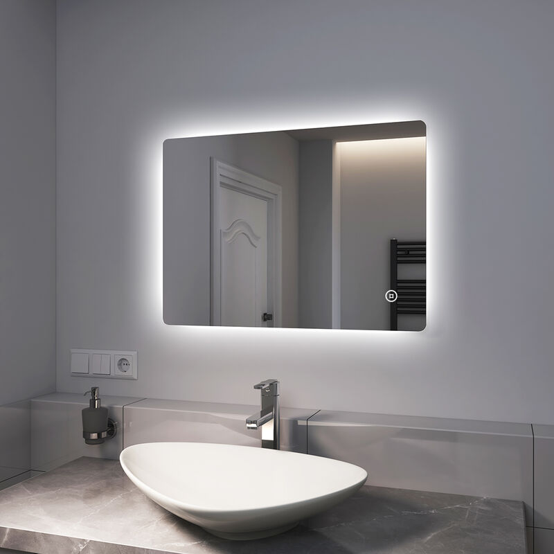 Emke - Badspiegel led Badezimmerspiegel Badspiegel Energie Sparen 70x50cm, Warmweiß/Kaltweiß/Natürliches Beleuchtung, Touch-schalter, Beschlagfrei