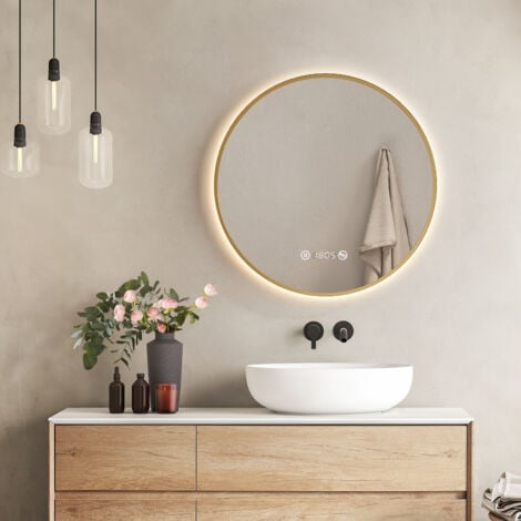 EMKE LED Badspiegel Rund Spiegel mit Beleuchtung ф60cm Gebürstetem Goldrahmen LED Badezimmerspiegel mit Touch, Antibeschlage, Uhr, Temperatur, Dimmbar, Memory-Funktion Neutrale Beleuchtung Wandspiegel