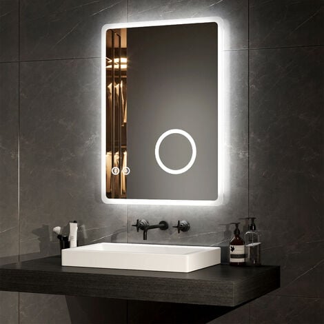 EMKE LED Bathroom Mirror Bluetooth Bathroom Mirror with Shaver Socket Dimmable Backlit Cosmetic Mirror with Demister